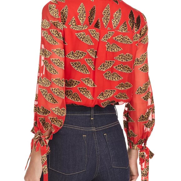 NWOT Alice + Olivia Sheila Lips Burnout Tie-Neck Top Cheetah Print Size M - Picture 3 of 13